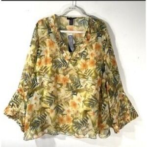 Ann Carson‎ Silk Yellow Tropical Safari Blouse Size 1X Sheer Zebra Embroidered
